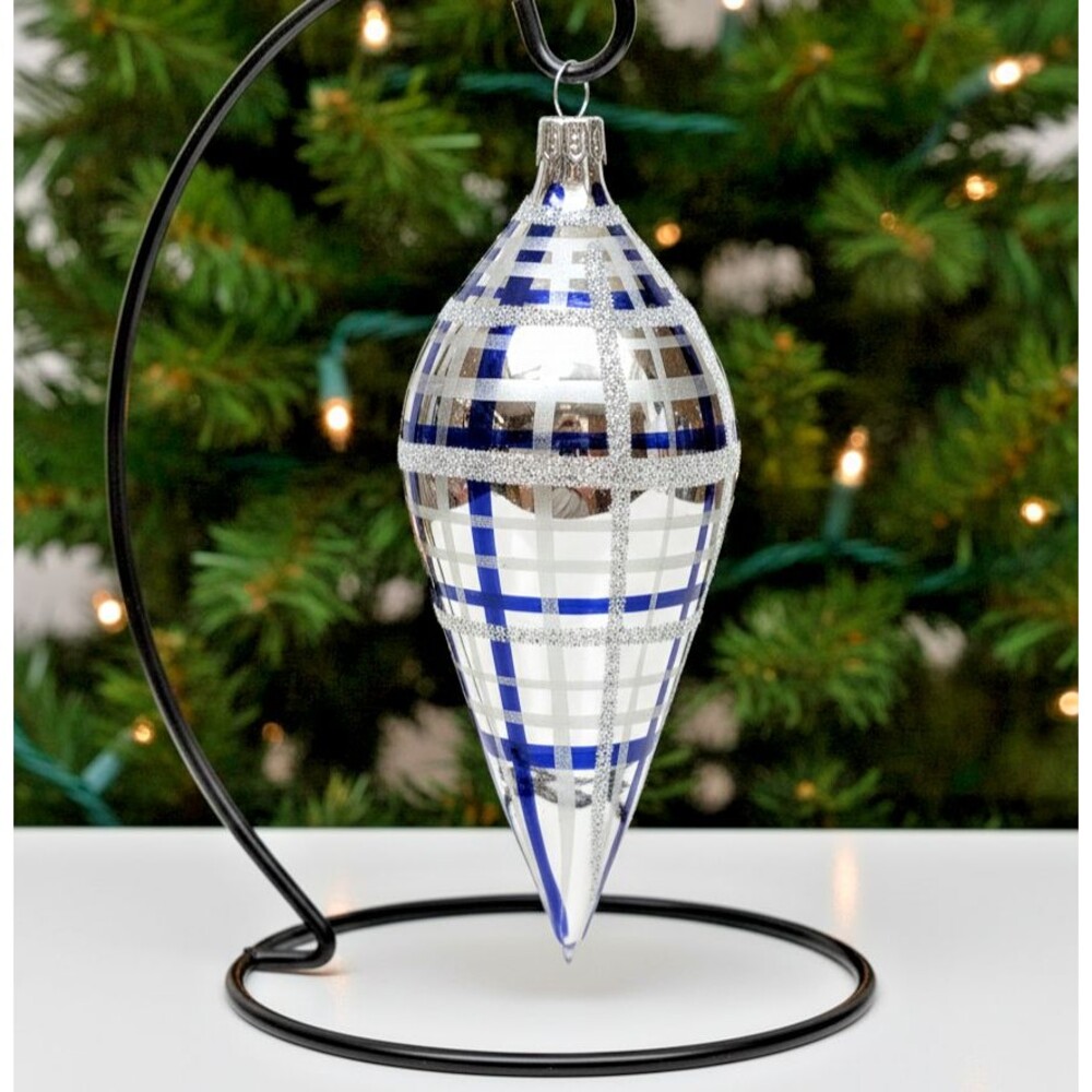 Commodore Christmas Ornament European Hand Crafted Glass Teardrop Silver Blue 6"